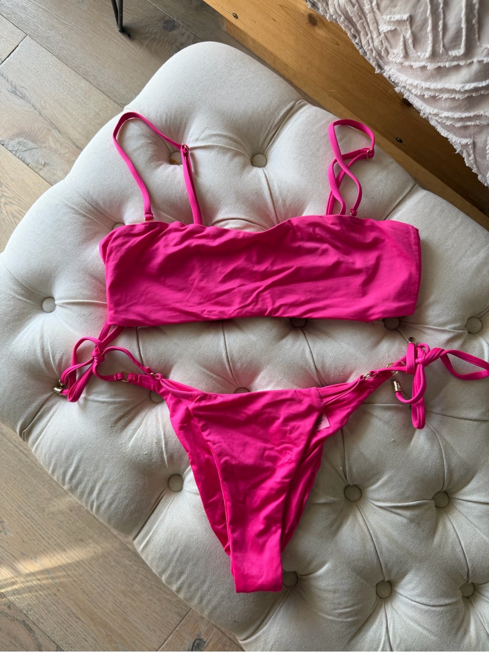 Beach Bunny Women’s Bright Pink Bandeau Tie-Side Bikini Set, scrunched bottom.